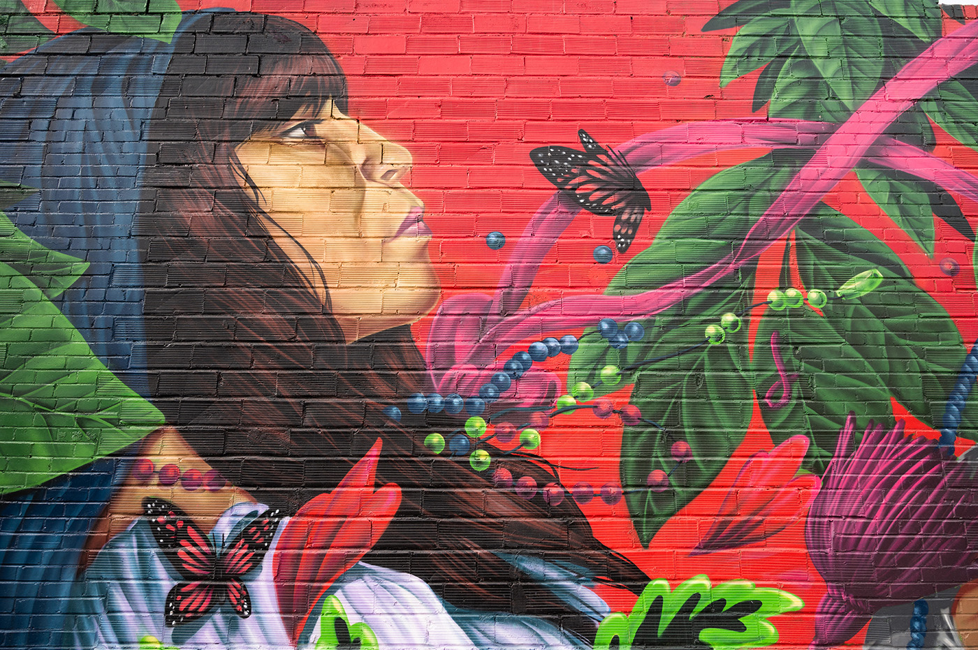 Mural of woman in profile surrounded by vegetation and butterflies