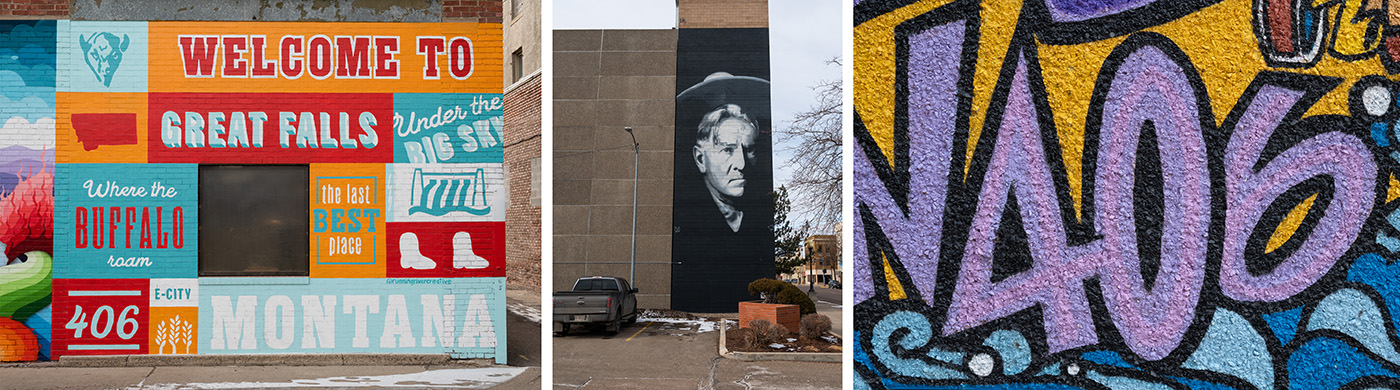 Three murals depicting Welcome to Great Falls typography, a portrait of Charlie Russell, and the number 406